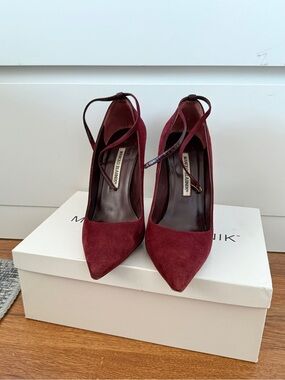 Manolo Blahnik Wine Red Suede Pointed-Toe Ankle-Strap Pumps